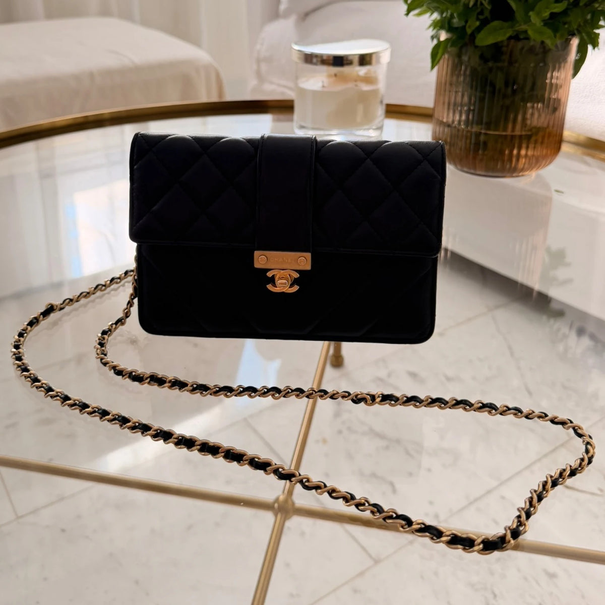 Chanel Quilt Golden Class Wallet On Chain crossbody bag, gold hardware available in Cyprus.