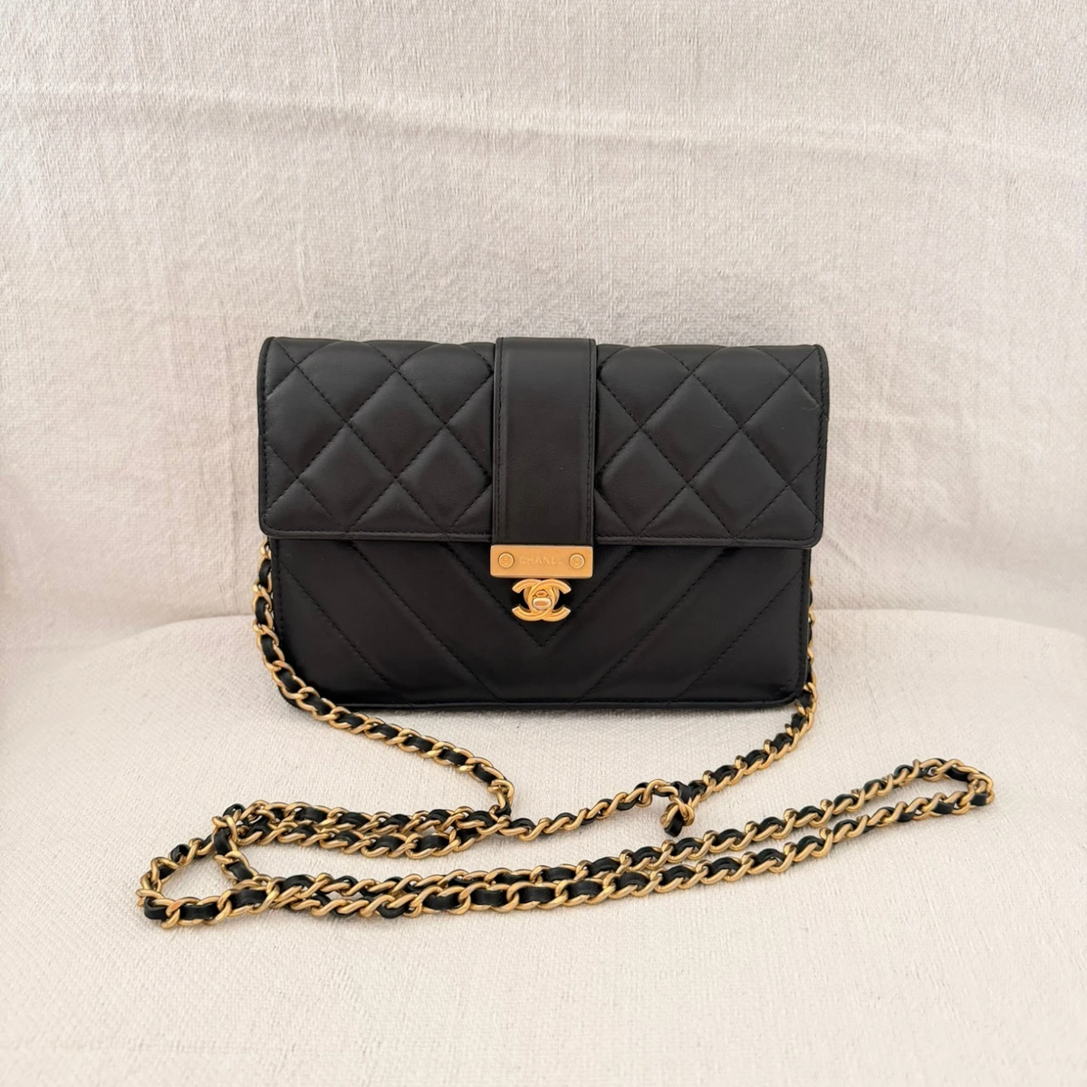 Chanel Quilt Golden Class Wallet On Chain crossbody bag, gold hardware available in Cyprus.