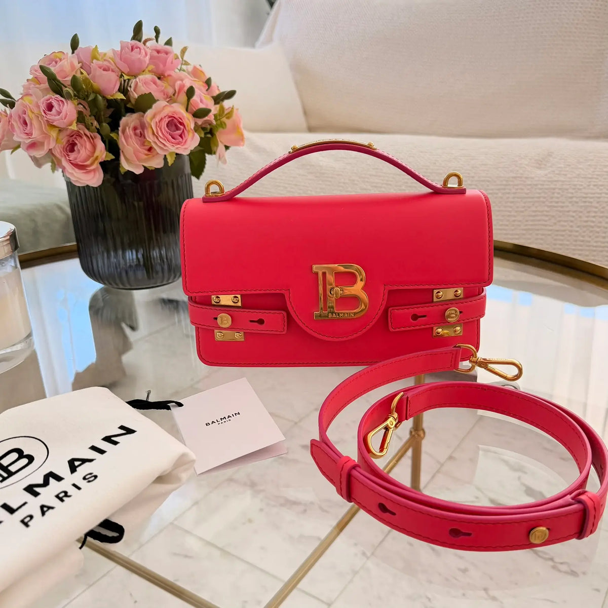 Balmain | Różowa skórzana torba na ramię B-Buzz 24