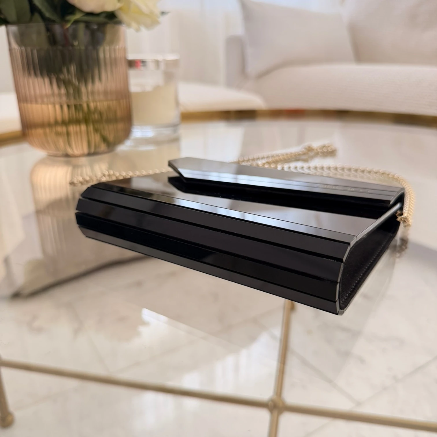 Jimmy Choo Candy clutch bag, clear black PVC with chain strap available in Cyprus at HOUSE of MICY