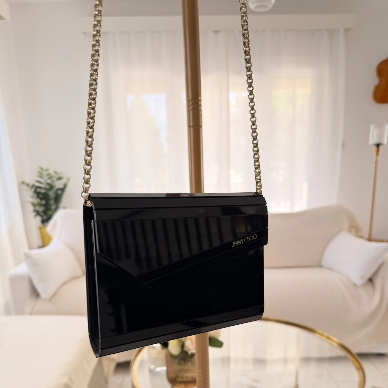Jimmy Choo Candy clutch bag, clear black PVC with chain strap available in Cyprus at HOUSE of MICY